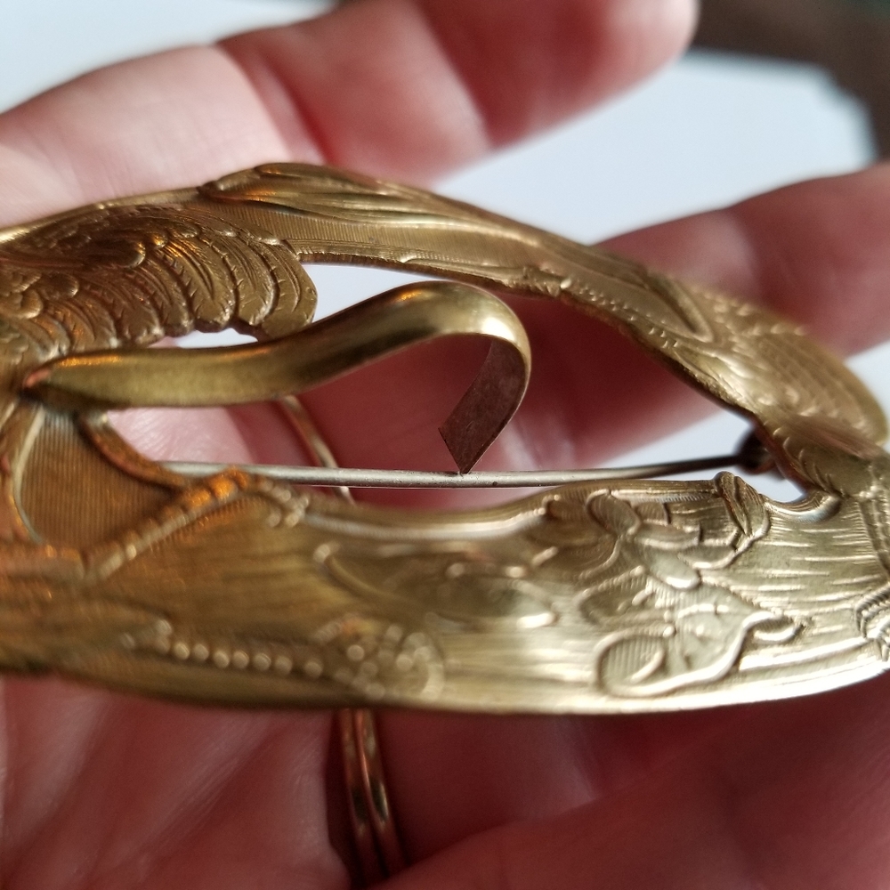 Relisted -Antique Edwardian crane lily pad sash brooch pin nouveau gold tone - Picture 17 of 17